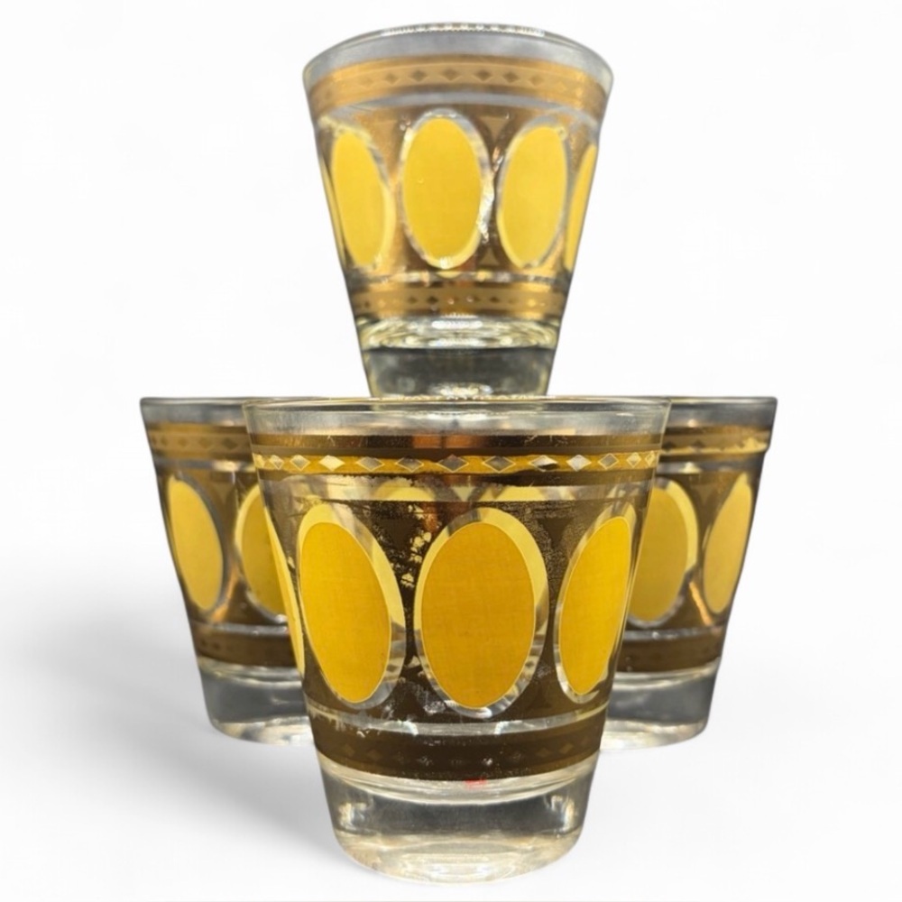 Fred Press Gold Mustard Mid Century Modern Lowball Glasses Drinkware Barware, 4p